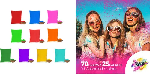 25 paquetes de polvo de colores Holi surtidos de 2.47 oz cada uno para lanzamiento de color, peleas de colores, fiestas en el patio trasero,