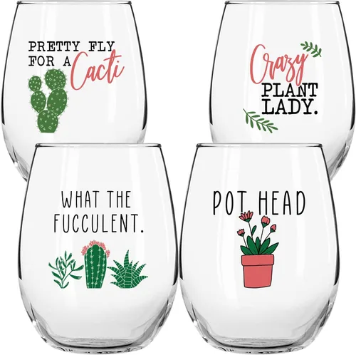 Regalos de vino de cactus y plantas suculentas para mujer, juego de 4 divertidas copas de vino de 15 onzas, taza de regalo para amantes de las