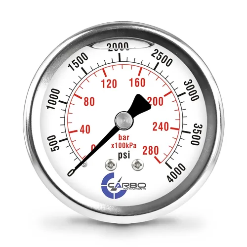 2 1-2" Medidor de presión, carcasa de acero inoxidable, conexión de latón cromado, llenado de líquido, 0-4000 psi/kPa, montaje trasero 1/4" NPT