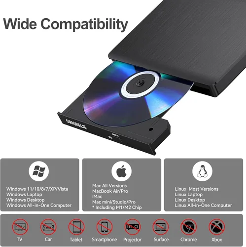 Miniatura 4 de ORIGBELIE Unidad externa de CD/DVD para portátil, grabadora de CD USB 3.0 +/-RW CD ROM, unidad de DVD externa Reproductor de DVD portátil