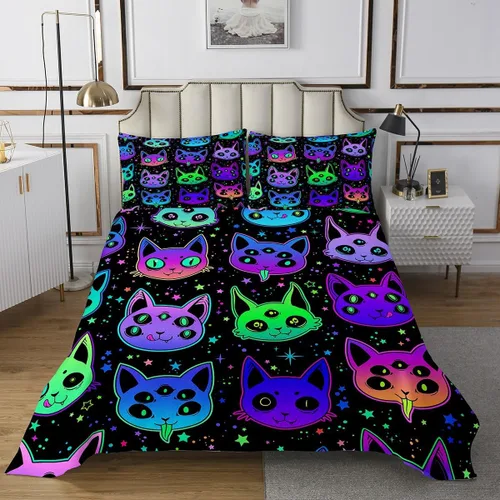 Miniatura 2 de Erosebridal Juego de ropa de cama de gatos de Halloween, lindo juego de cama espeluznante con diseño de gatito neón degradado, juego de colcha