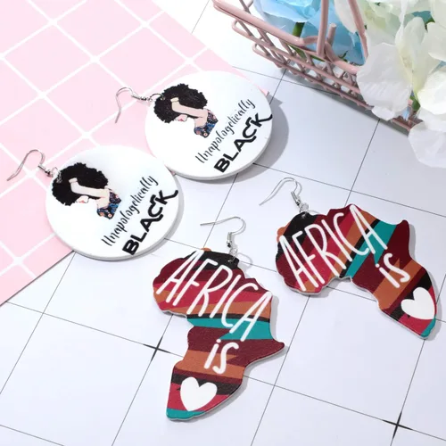 Miniatura 5 de 12 pares de pendientes de madera con mapas africanos y pendientes étnicos naturales