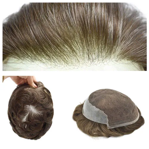 Peluca de repuesto de cabello natural de poliuretano con encaje frontal para hombre (6 x 8 pulgadas, densidad media clara, 4# castaño medio)