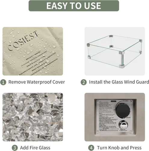 Miniatura 6 de COSIEST Mesa cuadrada para fogata de propano para exteriores, base de maceta de piedra sintética gris de 35 pulgadas, quemador de acero inoxidable