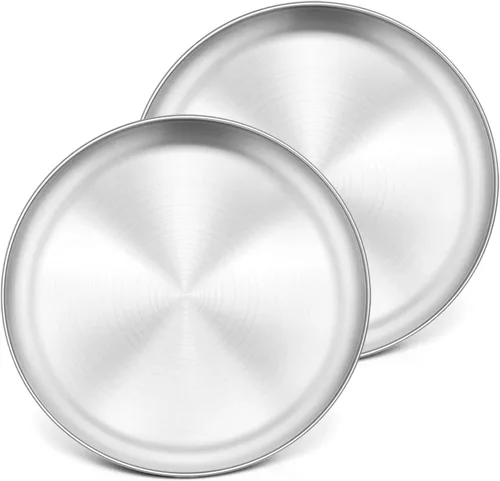P&P CHEF Juego de 2 moldes para pizza, bandeja de pizza de acero inoxidable, plato redondo para pizza de pastel, galletas, pasteles, no tóxicos y