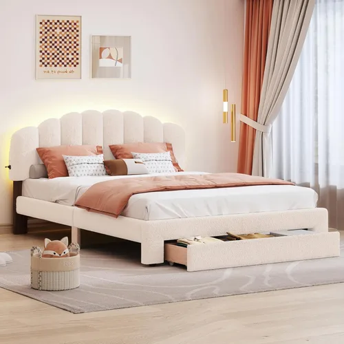 Miniatura 13 de SOFTSEA Cama de tamaño Queen con luz LED, plataforma de terciopelo con cabecero copetudo para niños, adolescentes y adultos, cama de plataforma