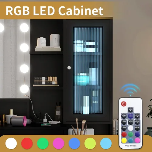 Miniatura 2 de Escritorio de maquillaje con espejo y luz, espejo de tocador con estación de carga para dormitorio, mesa de maquillaje con estantes