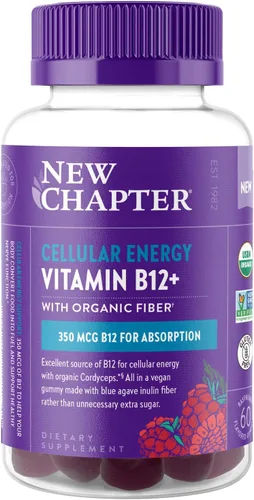 New Chapter® Gomitas orgánicas de vitamina B12+ - 47% menos de azúcar§, USDA Organic Vegan B12, dos gomitas diarias para apoyo de energía celular