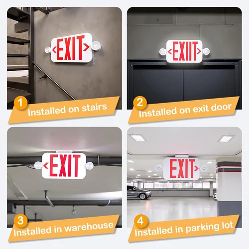 Miniatura 5 de LIT-PaTH Letrero LED de salida combinado con 2 luces de cabeza ajustables y cara doble, baterías de respaldo, iluminación de salida de emergencia