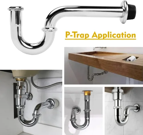 Miniatura 7 de Trampa de desagüe P para lavabo de acero inoxidable - 1 1/4 pulgadas con arandela reductora, acabado cromado, color plateado