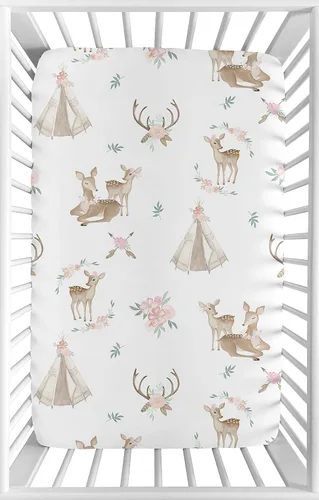 Miniatura 12 de Sweet Jojo Designs Sábanas ajustables para cuna (flores de ciervos del bosque) para niñas, guardería infantil, habitación de niños pequeños