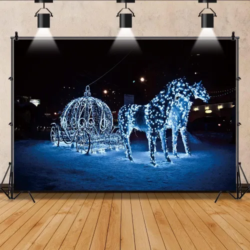 Miniatura 4 de Yeele Fondo de fotografía de carruaje de calabaza de 12 x 8 pies, luces de ensueño, caballos, noche de nieve, fondo fotográfico para princesa