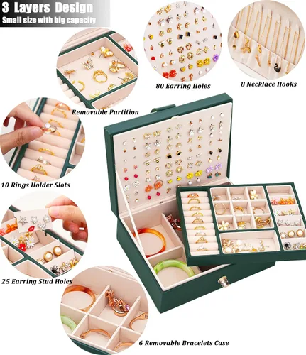 Miniatura 120 de Joyero de pendientes para mujeres y niñas, organizador de aretes de 5 capas, caja organizadora de joyas blanca con candado, collares y aretes