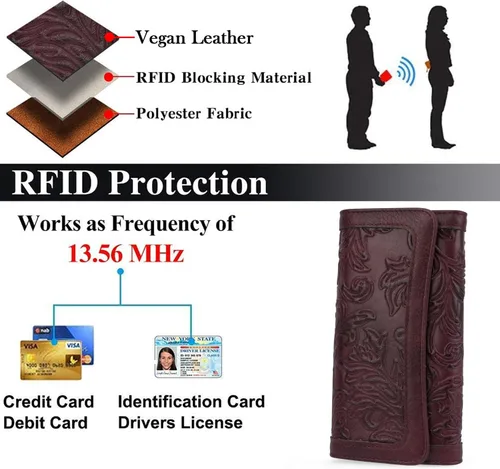 Miniatura 48 de MEITRUE Cartera de cuero para mujer, con bloqueo RFID, triple pliegue, con relieve, soporte para tarjetas, organizador de chequera para teléfono