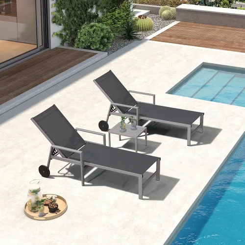 Miniatura 30 de PURPLE LEAF Juego de tumbonas para exteriores para 2 sillas de piscina de gran tamaño con ruedas fáciles de mover y respaldo ajustable, tumbonas