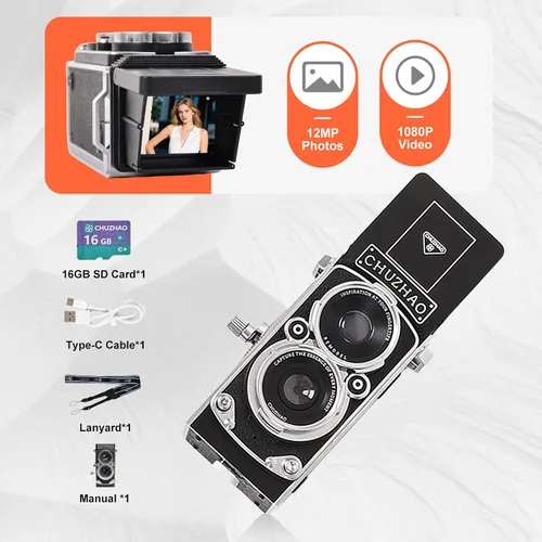 Miniatura 8 de Redcomets Mini cámara digital retro – Estilo vintage TLR apuntar y disparar cámara de vlogging de enfoque automático, compacta y portátil, tarjeta