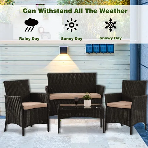 Miniatura 7 de PayLessHere Juego de muebles para patio, 4 piezas, de ratán para exteriores, sofá de mimbre para conversación de jardín, con cojín suave y mesa