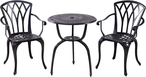 C/G Bistro - Juego de 3 piezas de aluminio fundido para exteriores con agujero para sombrilla y reposabrazos, juego de mesa de bistró al aire libre,