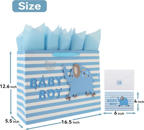 Miniatura 2 de Set de bolsa de regalo extra grande de 16.5” para bebé niño con asas, tarjeta de felicitación, papeles de seda azules y pegatinas para niños