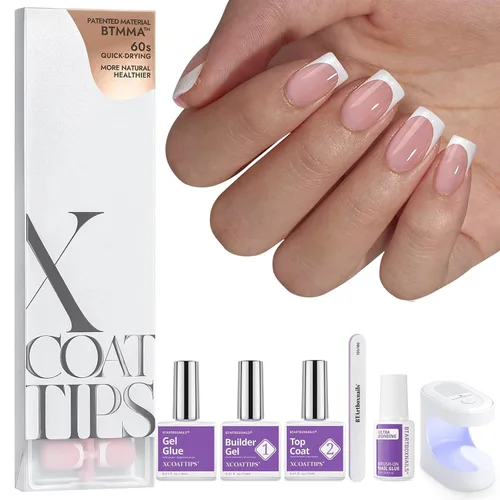 Miniatura 25 de BTArtboxnails XCOATTIPS - Uñas a presión, puntas cortas de almendra con gel de uñas, dúo protector francés, lámpara de uñas, gel suave todo en uno