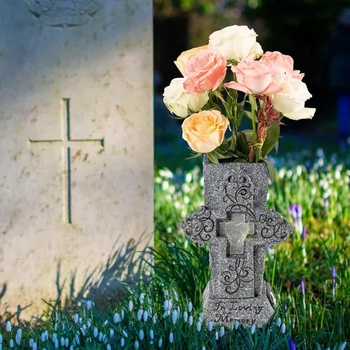 Miniatura 3 de HUYIENO Jarrón solar de cementerio con LED para flores frescas/artificiales, florero de cruz de flores de tumba, jarrones con pinchos, decoración