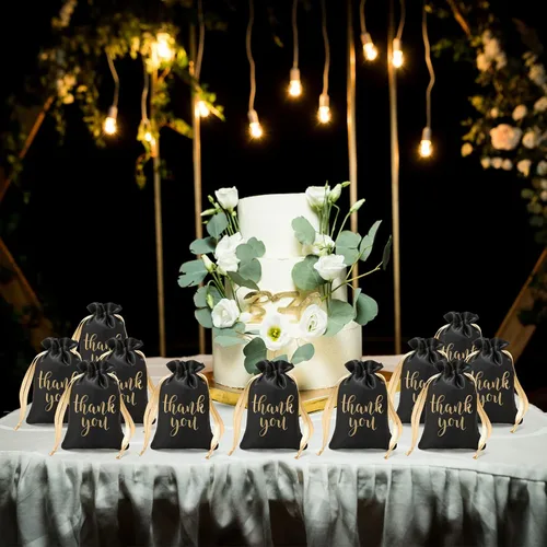 Miniatura 6 de Roowest 100 bolsas de regalo de satén con cordón de agradecimiento para joyas, bolsas de dulces para bodas, despedidas de soltera, baby shower, Negro