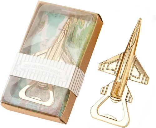 Miniatura 6 de Paquete de 50 abridores de botellas de avión para piloto/veteranos, viajes de aventura, baby shower, boda, fiesta de cumpleaños, regalos, Dorado