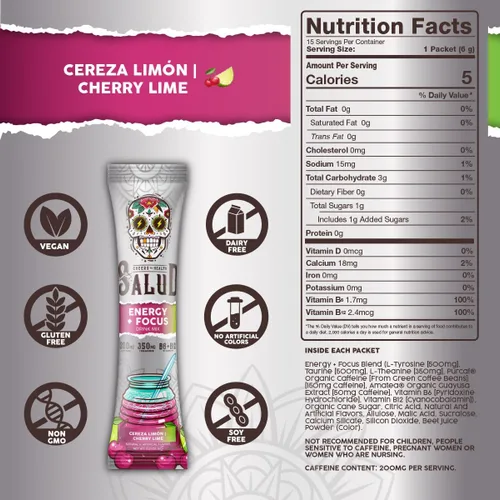 Miniatura 3 de Salud 2-en-1 Polvo para Bebida Energética + Enfoque, Sabor Cereza Lima, Cafeína Orgánica, B6 + B12, Teanina, Paquetes de Bebida Energética Limpia