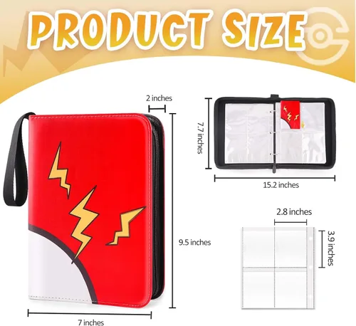 Miniatura 2 de GOROMA Carpeta de tarjetas con 4 bolsillos, 400 bolsillos con 50 fundas extraíbles, soporte para álbum con cremallera para coleccionista de Rojo