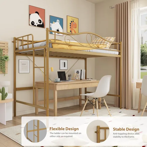 Miniatura 6 de Cama tipo loft individual con escalera ajustable y barandilla de seguridad completa, cama tipo loft, marco de metal resistente de 400 libras