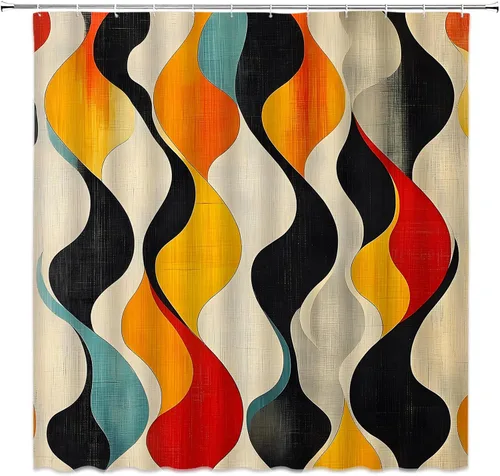 Cortina de ducha retro de mediados de siglo, geométrica abstracta, bohemio, moderna, a rayas, clásica, vintage, estética, de tela antigua, juego de