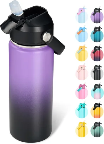 Miniatura 19 de Fijinhom Botella de agua aislada de acero inoxidable de 18 oz, de boca ancha, de doble pared, con vacío, con pajita de silicona, a prueba de sudor