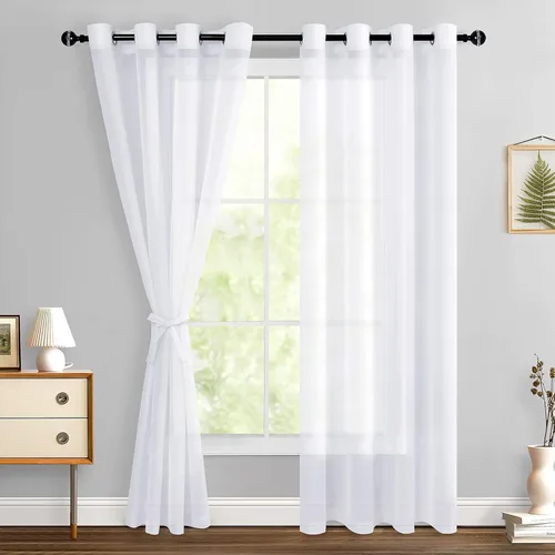 Miniatura 52 de Hiasan - Cortinas traslúcidas de gasa cortas semitransparentes con ojales y alzapaños filtrantes de luz para ventana, dormitorio, baño, 2 paneles