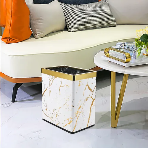 Miniatura 2 de Basurero pequeño de oficina para dormitorio, papelera rectangular delgada para baño, cocina, 2.6 galones (mármol blanco dorado)