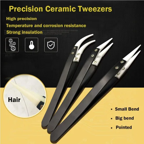 Miniatura 5 de Utoolmart Pinzas de cerámica de precisión, no conductoras, resistentes al calor, antiestáticas, pequeñas pinzas curvas, tono plateado, color negro