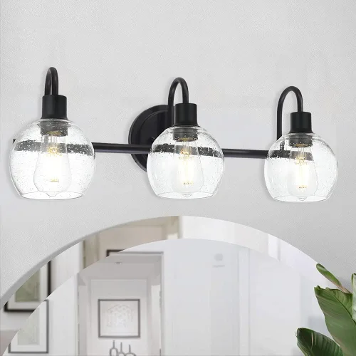 Miniatura 2 de Modernas Bombillas de Luz de Tocador de 3 Luces en Negro, Iluminación de Baño de Granja de Metal con Globo de Vidrio Semiesférico para Pasillo