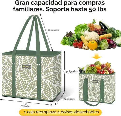 Miniatura 2 de BALEINE Paquete de 3 bolsas reutilizables para comestibles, bolsas de compras plegables para comestibles con parte inferior reforzada y asas Follaje