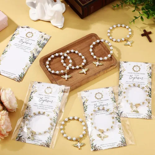 Miniatura 4 de Tondiamo 12 juegos de mini rosarios para bautismo, rosario, regalos de bautismo para invitados con tarjetas de agradecimiento y bolsas para bautizo