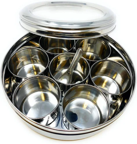 Miniatura 3 de Caja de especias Rani de acero inoxidable transparente redonda para almacenamiento (Masala Dabba) de 7 compartimentos, con cuchara