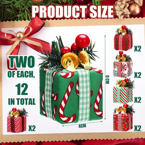 Miniatura 2 de Panelee 12 Piezas Cajas de Regalo de Árbol de Navidad Adornos Mini Adornos Rojos y Verdes Paquetes Envueltos de Navidad con Campana Bayas Rojas