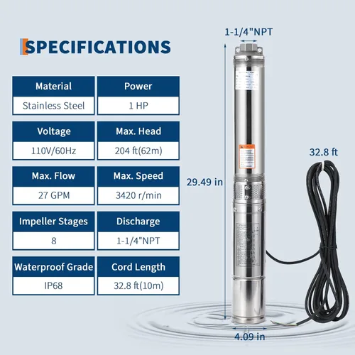 Miniatura 5 de Bomba sumergible de pozo profundo, 1HP 110V/60Hz, flujo de 27GPM 204 pies, con cable eléctrico de 33 pies y válvula de retención, bomba de pozo