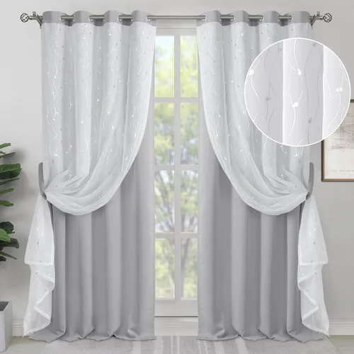 Miniatura 13 de BGment Cortinas de oscurecimiento de habitación con superposición transparente, cortinas de tul estampado plateado de doble capa para sala de estar