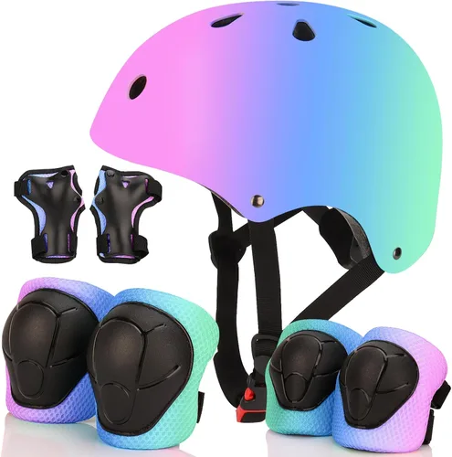 Casco de bicicleta ajustable con gradiente de color y coderas y rodilleras - Casco para niños y niñas para patinaje, edades 3-14 | Ideal para
