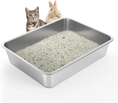 Miniatura 10 de WENBOKMIN Caja de arena para gatos de acero inoxidable, caja de arena poco profunda de 4 pulgadas para gatos y gatitos mayores, bandeja de arena