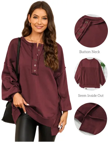 Miniatura 51 de AlvaQ - Sudadera de gran tamaño para mujer, informal, de manga larga, con botones y cuello Henley, tipo túnica