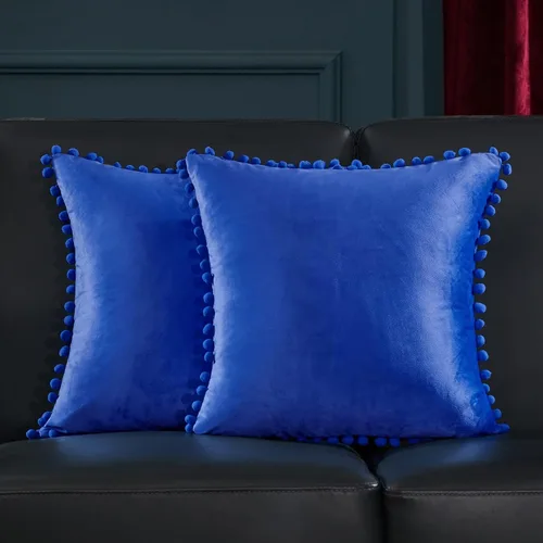 Miniatura 67 de Deconovo Juego de 2 fundas de almohada de terciopelo, 26 x 26 pulgadas, color azul, suaves pompones cuadrados con funda de cremallera oculta