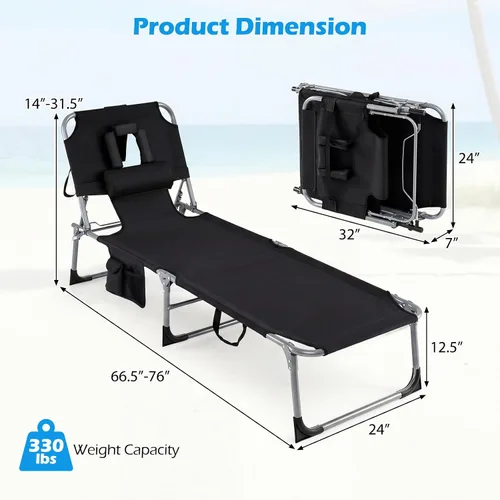 Miniatura 3 de Tangkula Silla de bronceado con agujero frontal, plegable y ajustable para patio, silla reclinable, para playa, tomar el sol, con bolsillo lateral