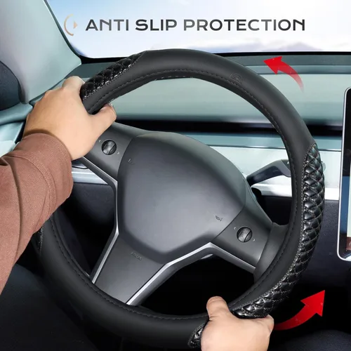 Miniatura 3 de Coverado Funda para volante de automóvil, fundas para volante de cuero napa negro, universal de 14-15 pulgadas, antideslizante, protector de volante