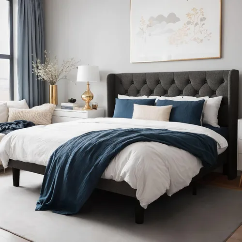 Miniatura 8 de WEEWAY Base de cama tapizada de tamaño matrimonial con cabecera copetuda con respaldo de alas, plataforma moderna con soporte de listones de madera