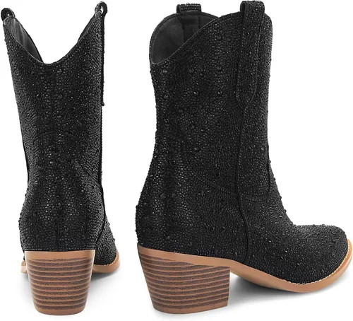Miniatura 4 de SOVANYOU - Botas de cowboy con tachuelas para mujer, puntera en forma de almendra, tacón de bloque brillante, botas de vaquera con tachuelas